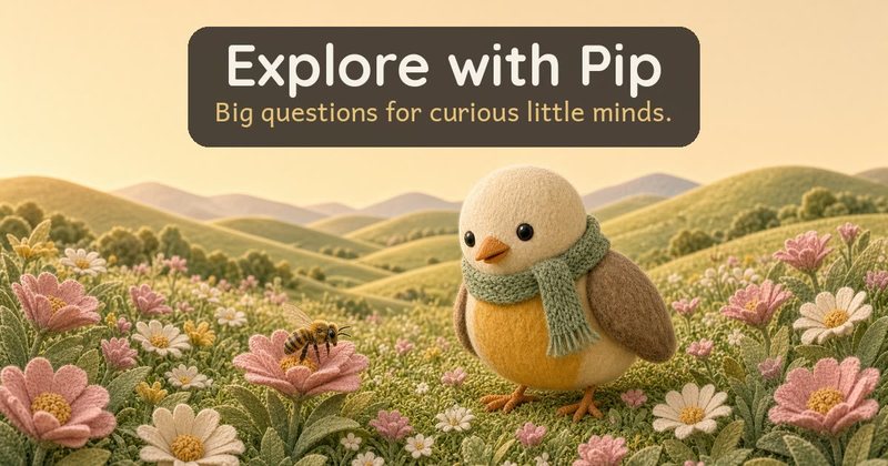 Share card for Explore with Pip: a felted little bird in a scarf in a meadow of flowers, with the title Explore with Pip and the line Big questions for curious little minds.
