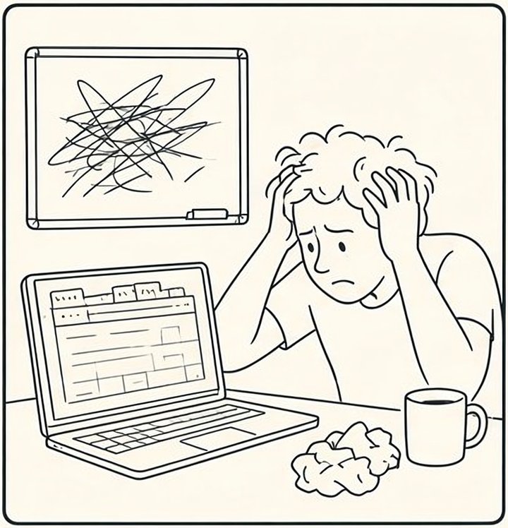 A beginner with wild curly hair at a desk, forty-one browser tabs open, a whiteboard of crossed-out names behind them.