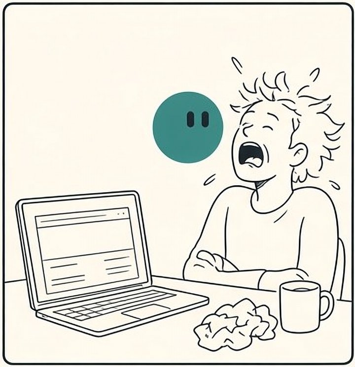 A clean browser bar on the laptop. The beginner, hair still wild, stares, stunned. The guide floats beside, serene.
