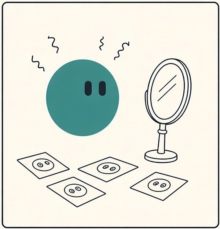 The teal guide frets in front of a mirror, surrounded by sketches of itself with bigger and smaller eyes.