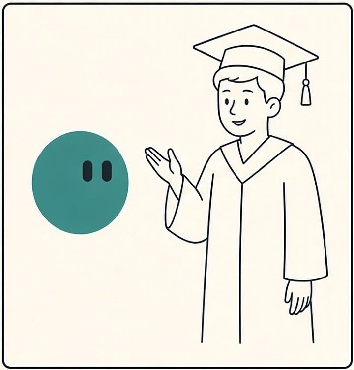 A graduate in cap and gown raises a hand toward the guide.