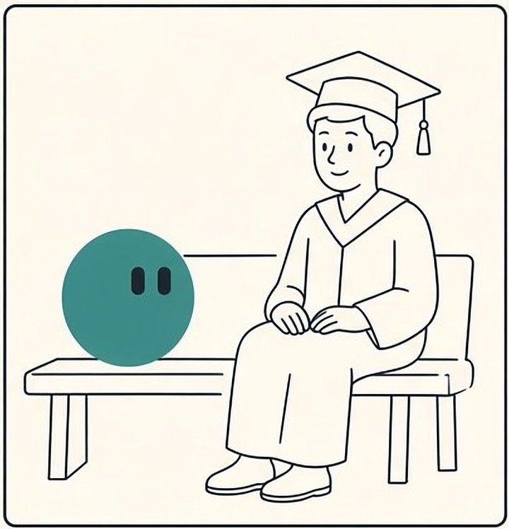 The graduate and the guide sit side by side on a bench, content.