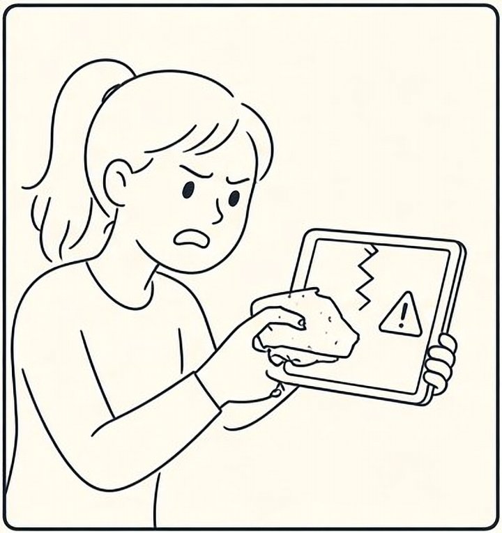 A beginner holds a tablet at arm’s length like a dropped sandwich. The screen shows a crack and a warning sign.