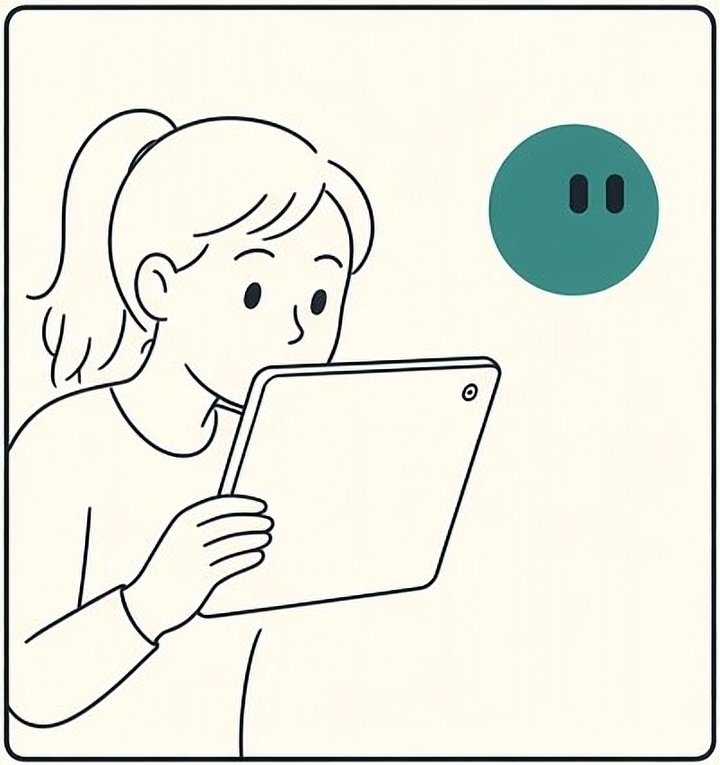 The teal guide floats in. She peeks at it over the tablet.