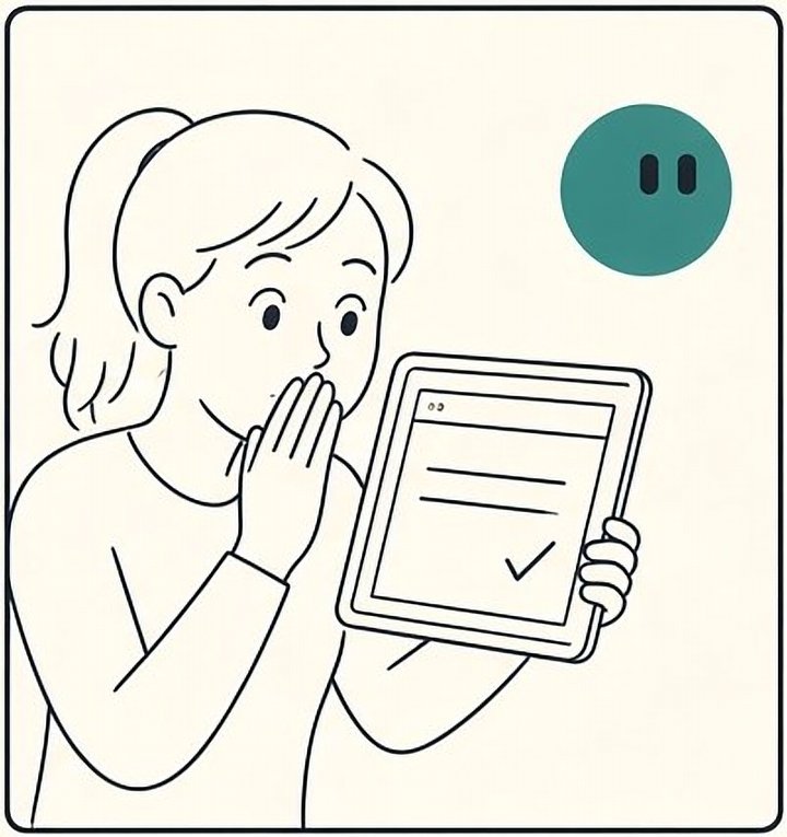 The tablet shows a tidy page with a check mark. She whispers, hand at her lips, as the guide drifts away.