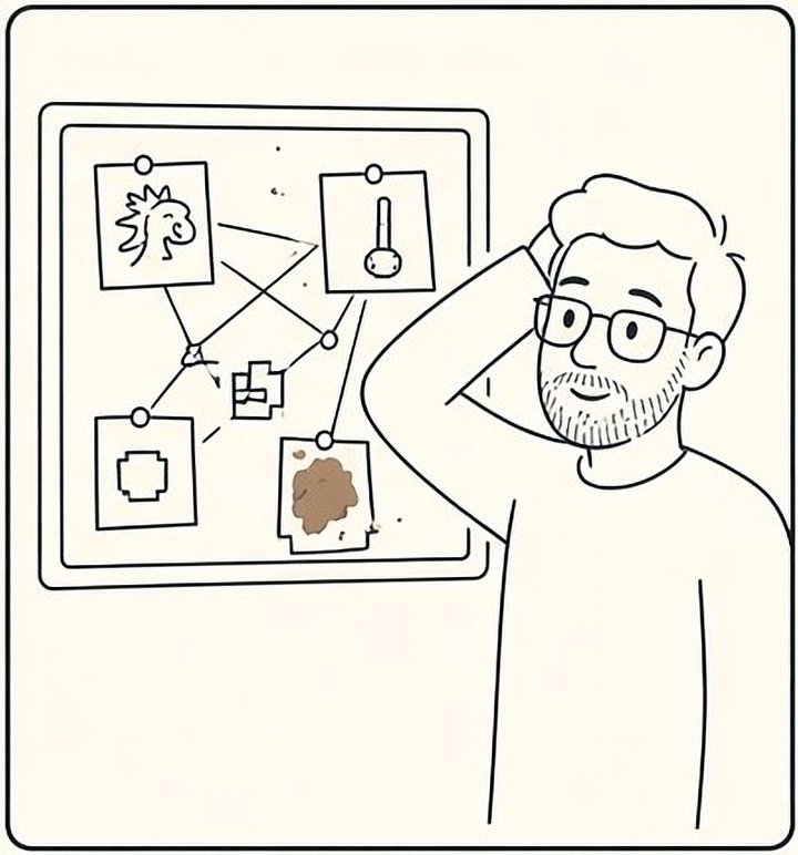 A beginner scratching his head at a corkboard of notes linked by string: a dragon, a pendulum, a pixel square, a coffee-stained napkin.
