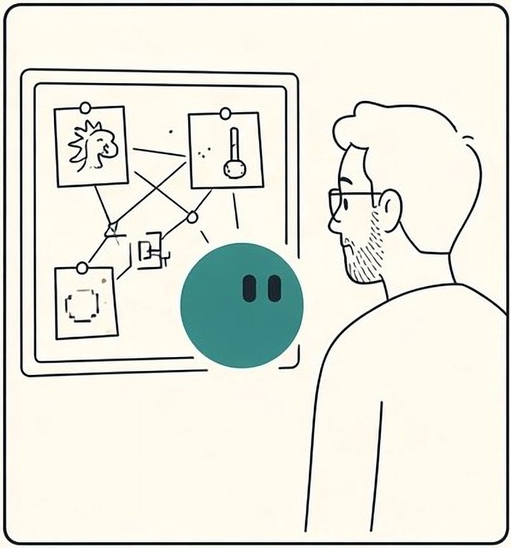 The teal guide floats in front of the corkboard.