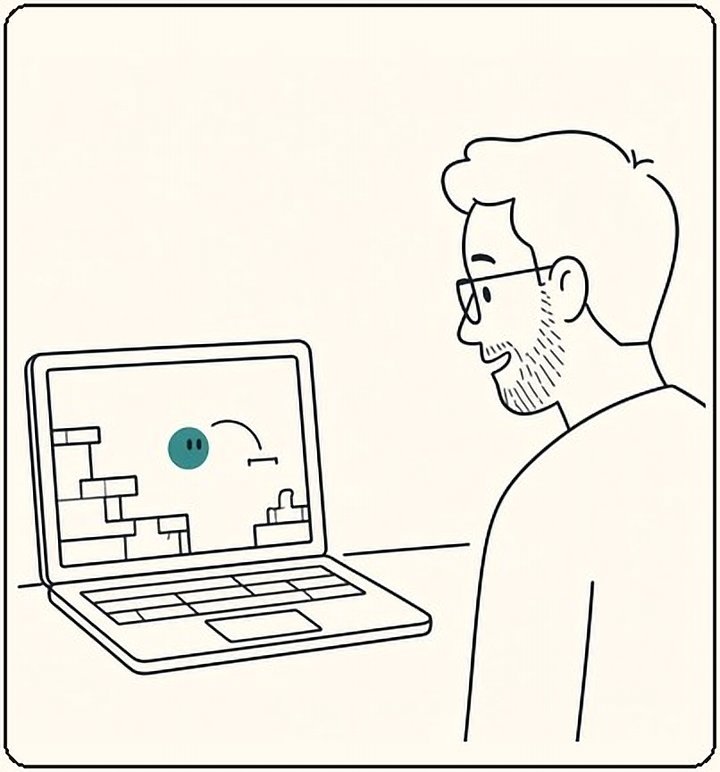A small platform game on the laptop with a tiny teal circle bouncing in it. The guide is nowhere else in the room. The beginner grins.