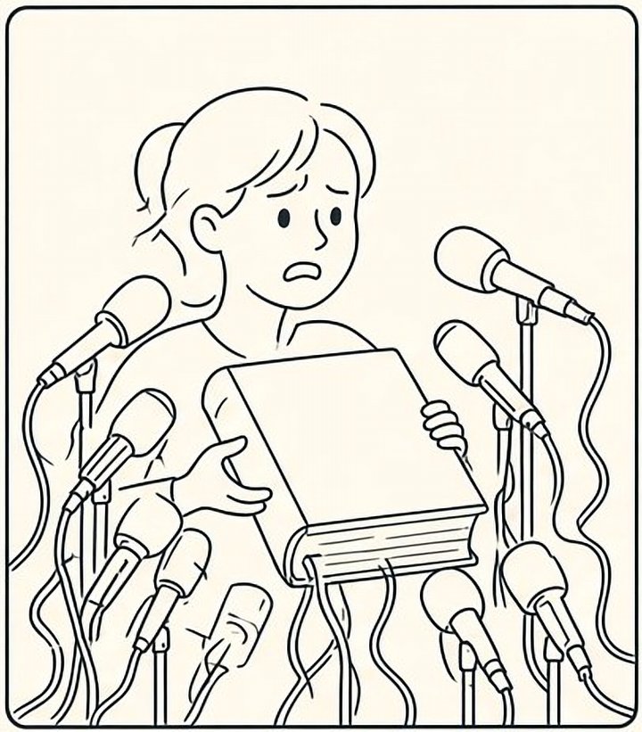 A beginner tangled in microphones and cables, holding a manual thicker than a phone book.