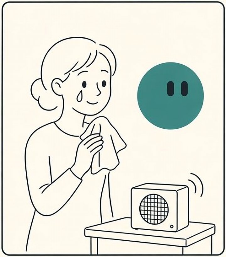 A small speaker plays. She smiles with a happy tear, holding a tissue. The guide floats beside her.