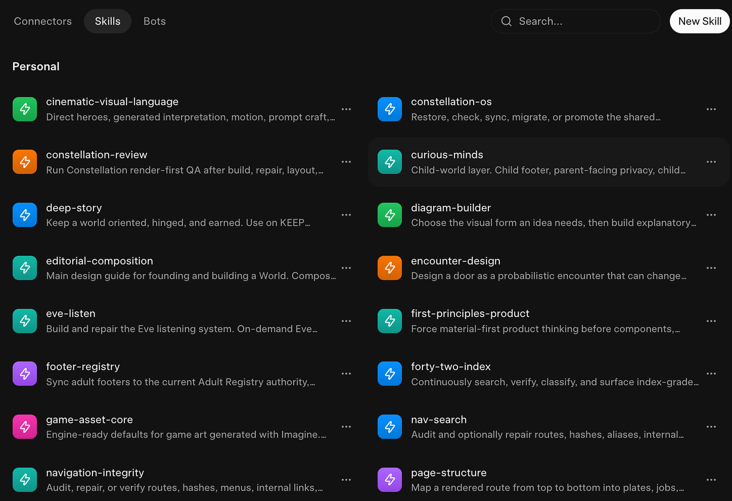 The Skills tab, listing my personal skills, such as constellation-os, footer-registry and first-principles-product, each with a short description, beside a search box and a New Skill button.