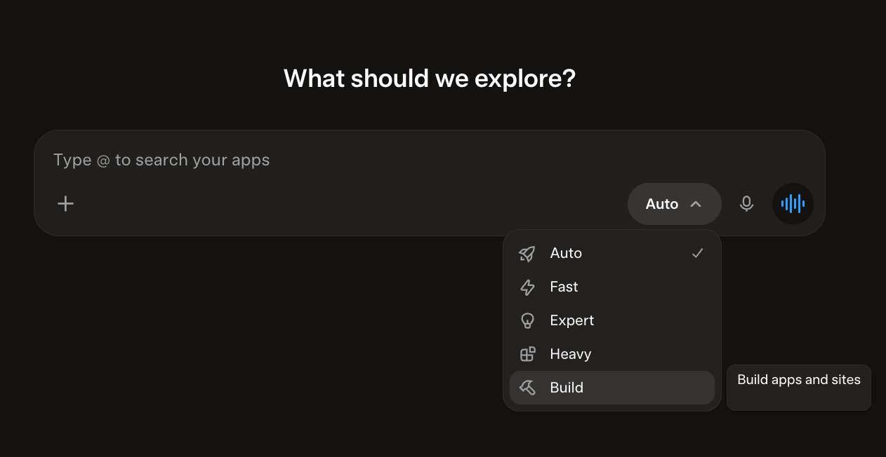 Grok’s home screen, “What should we explore?”, with the mode menu open: Auto, Fast, Expert, Heavy, and Build. Build’s tooltip reads “Build apps and sites.”