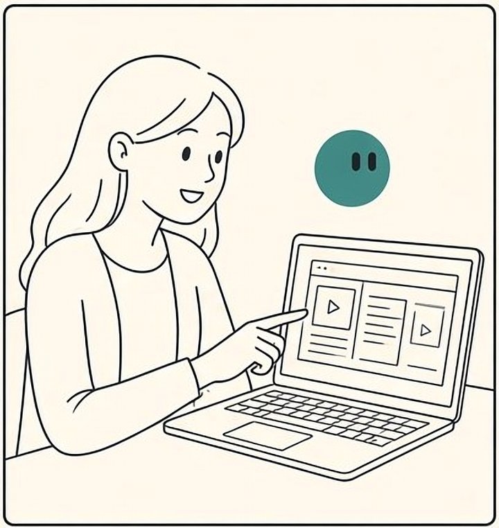 A woman at a laptop points at her web page while talking. A small record dot sits in the screen’s corner. The teal guide listens beside her.