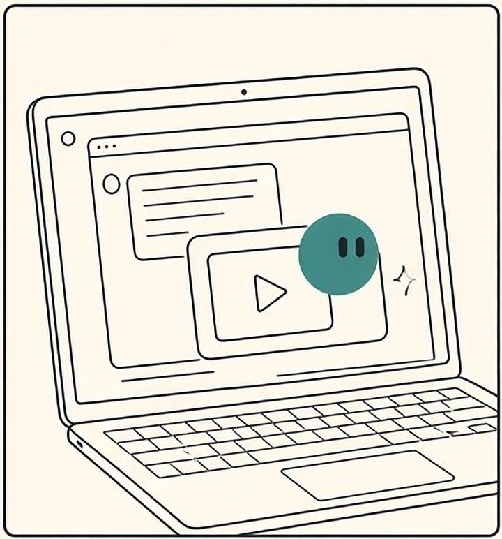 A video thumbnail is dropped into a chat window. The teal guide hovers over it.