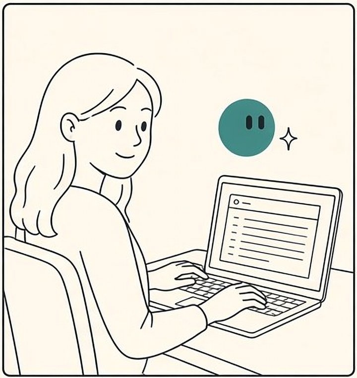 The woman leans back, smiling. The page on her screen is tidy now. The guide floats nearby.